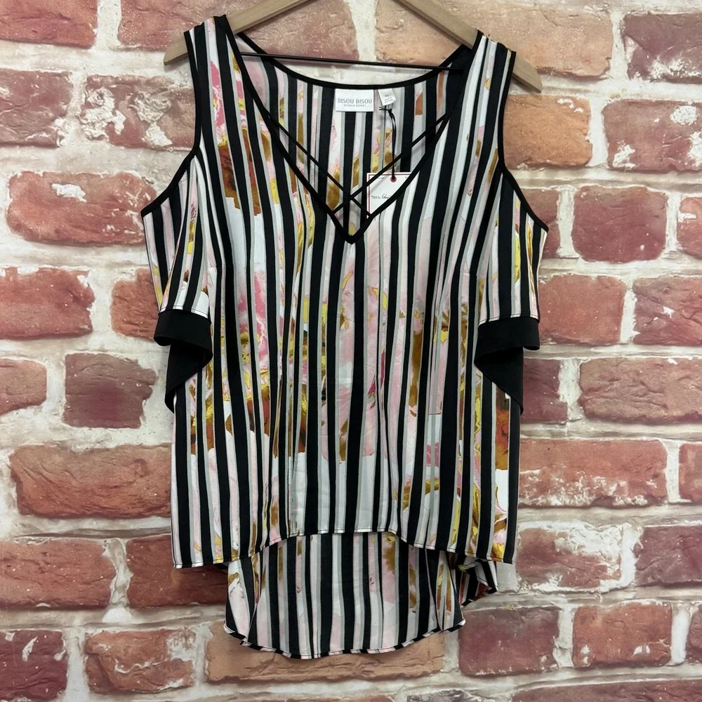 Bisou Bisou Tunic Top Women's M Multicolor Striped Floral Cold Shoulder Shirt - Picture 2 of 9